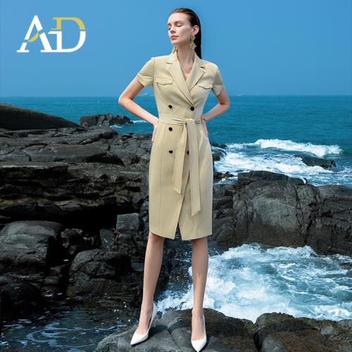 AD夏季鵝黃色職業連衣裙法式氣質收腰顯瘦西裝裙時尚休閑工作服女