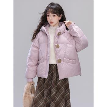 帛卡琪2024秋冬新紫色連帽羽絨棉服女加厚棉襖保暖氣質棉衣麵包服