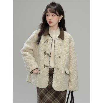 帛卡琪2024秋冬新款復古翻領撞色外套女仿羊羔毛加厚保暖短款大衣