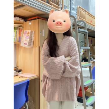 學院風粉色V領麻花毛衣女秋冬寬松慵懶風軟糯加厚套頭針織衫外套