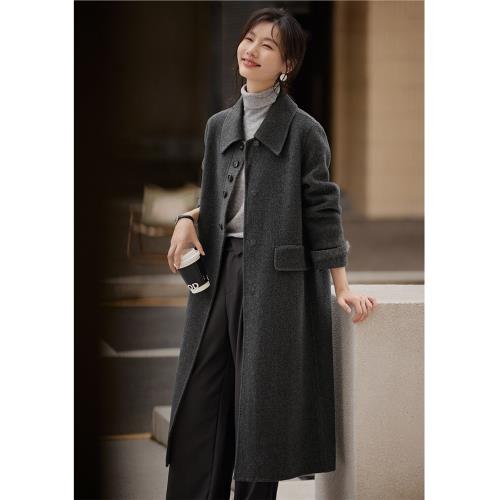 XWI欣未100%綿羊毛鹽系輕熟毛呢外套女秋冬翻領直筒中長雙面大衣