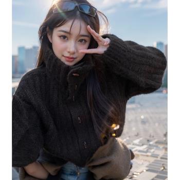 高階感黑色高領毛衣外套女短款寬松軟糯加厚針織開衫氣質外搭上衣