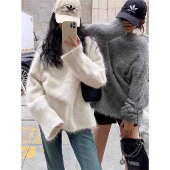 奶fufu慵懶風白色海馬毛毛衣女秋冬季外穿高階感水貂絨針織衫上衣