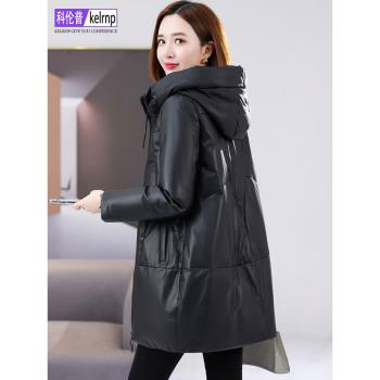 真皮羽絨服女中長2025冬新連帽寬松大氣時尚海寧頭層綿羊皮衣外套