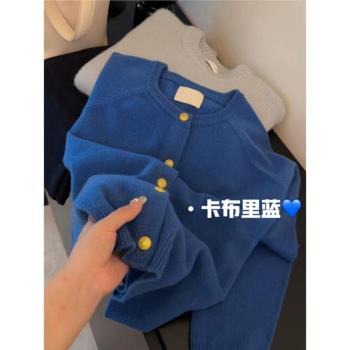 韓系慵懶高階感克萊因藍色浣熊絨毛衣開衫外套女秋冬加厚針織上衣