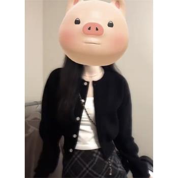 日系復古慵懶風黑色浣熊絨毛衣外套女春秋高階感短款針織開衫上衣