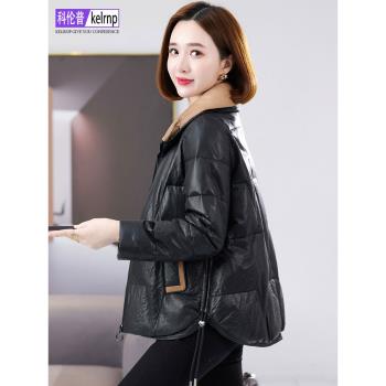 真皮羽絨服女短款2025冬新款小個子減齡撞色鴨絨海寧綿羊皮衣外套