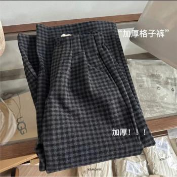 韓國東大門春裝新款加絨格子褲復古加厚半松緊垂感寬松顯瘦闊腿褲