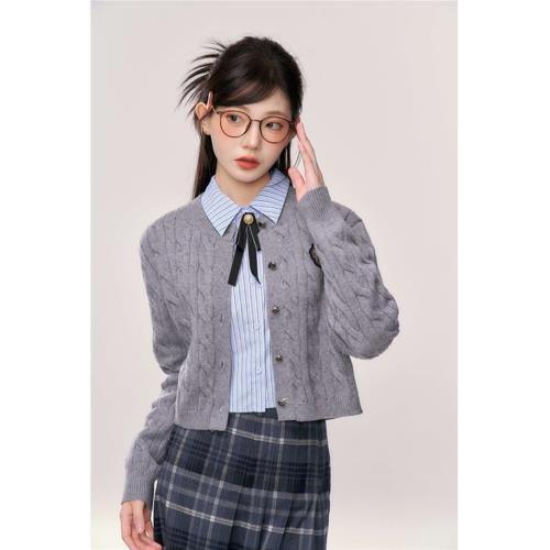 織物豬【時秋小姐】學院風教師襯衫套裝女毛衣開衫+半身裙三件套