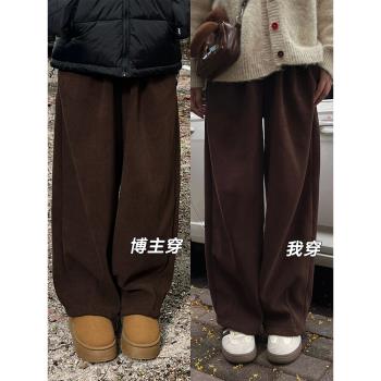 大碼雪尼爾闊腿褲春季顯瘦胖mm美拉德復古咖啡色褲子寬松bf慵懶風