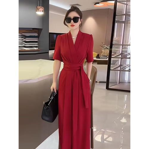 高級感連體褲女夏季時尚氣質高端收腰短袖垂感薄款連衣闊腿褲套裝