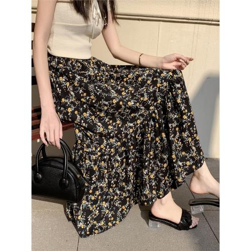 黑色碎花半身裙女夏季25新款氣質遮跨大擺中長裙高腰a字雪紡裙子