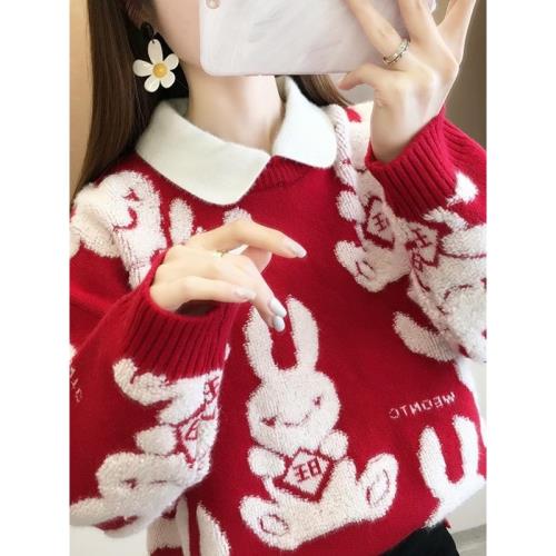 春季2025年新款娃娃領假兩件上衣女士毛衣冬裝加厚爆款內搭新年潮