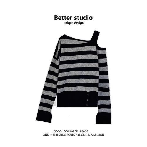 設計感開叉斜肩條紋針織衫女2024冬季新款露肩慵懶風毛衣百搭上衣