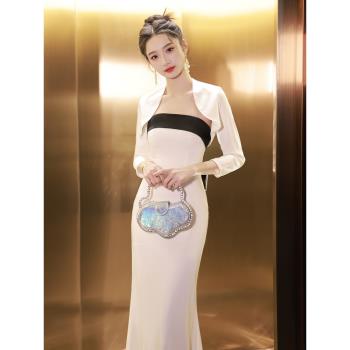 白色長袖晚禮服女2023新款高階感輕奢小眾高階高定氣質名媛抹胸裙