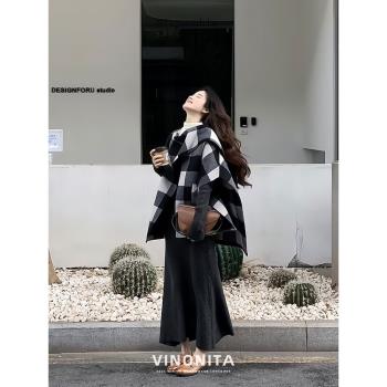 vinonita法式復古格子雙面呢披肩斗篷毛呢外套女秋冬季短款大衣