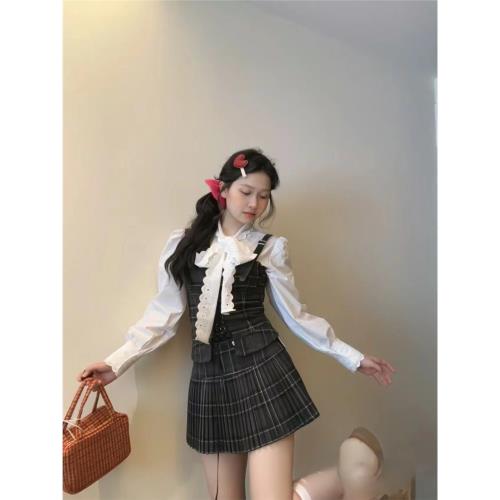 鹽系小香風白色休閑襯衫馬甲兩件套女春季半身裙韓劇女主穿搭套裝