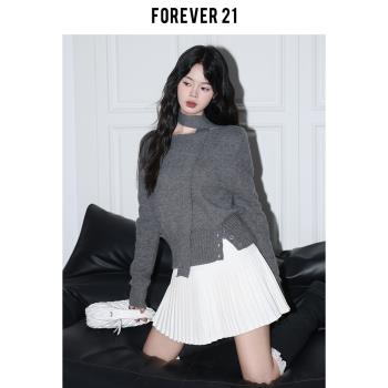 Forever 21設計感深灰長袖針織衫女秋冬氣質圓領飄帶chic打底上衣