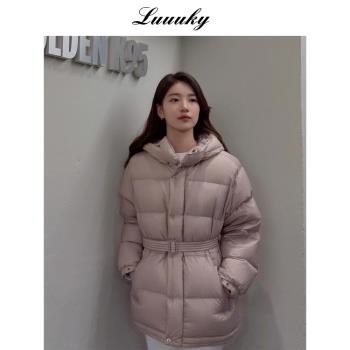 裴秀智同款粉色修身收腰連帽羽絨服女2024年秋冬季白鴨絨通勤外套