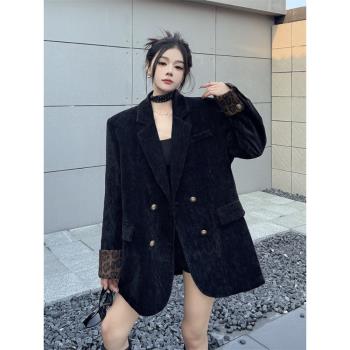 設計感雪尼爾黑色小西裝外套女2025春季港風復古豹紋拼接西服上衣