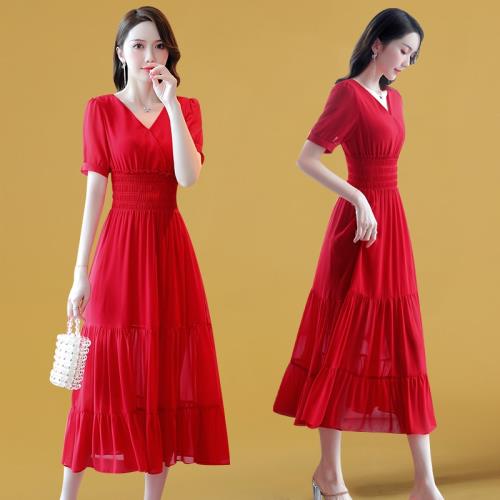 新款裙子2025年夏季女裝夏天長裙超仙紅色中長款大擺雪紡連衣裙潮