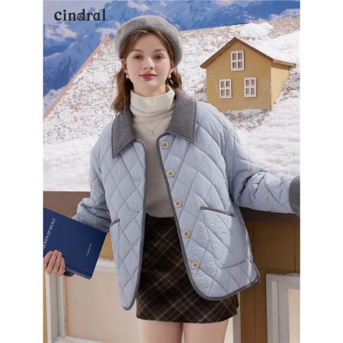 熙地2025冬季新款通勤撞色菱格外套女裝時尚氣質休閑寬松短款棉服