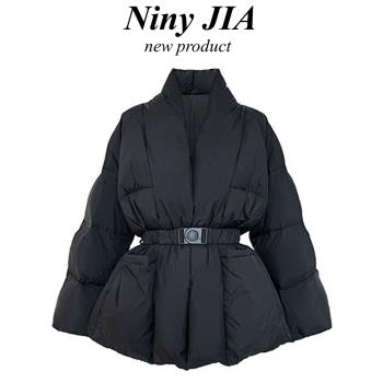 Niny JIA設計感收腰羽絨棉服女秋冬季新款系帶新中式國風保暖外套