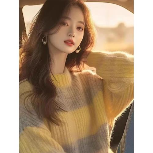 黃色條紋軟糯毛衣女秋冬復古溫柔慵懶風高級感羊毛羊絨針織衫上衣