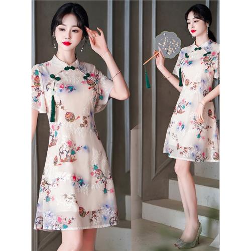新款氣質改良旗袍裙大碼女裝2025夏季復古提花立領短袖寬松連衣裙