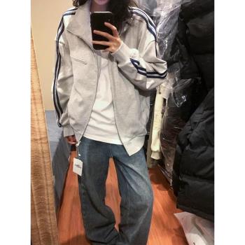 美式潮牌設計感條紋開衫衛衣外套女2024新款春秋百搭立領情侶夾克