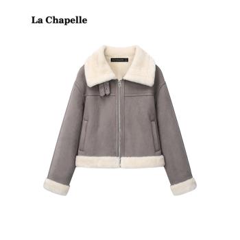 拉夏貝爾/La Chapelle冬季新款皮毛一體加厚麂皮絨外套女保暖上衣