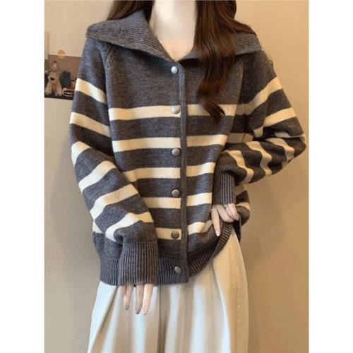 學院風翻領針織開衫外套女春秋大碼胖mm條紋上衣今年流行爆款毛衣
