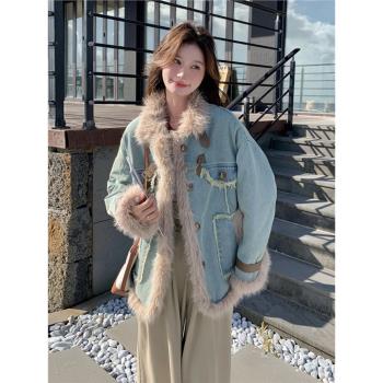 時尚洋氣時髦毛絨拼接牛仔外套女冬季皮毛一體設計感夾棉加厚棉服