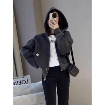 深灰色連帽衛衣開衫外套女裝春秋款薄款寬松小個子短款高階感上衣