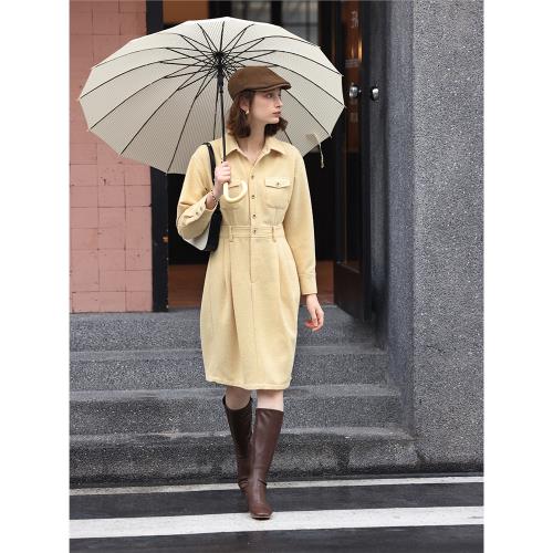 HeyDress香風連衣裙女春季法式翻領復古黃色襯衫裙收腰裙