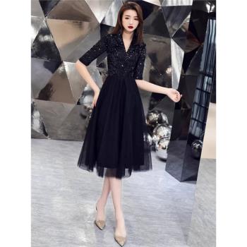 黑色晚禮服女顯瘦宴會氣質高階小個子平時可穿聚會洋裝連衣裙新款