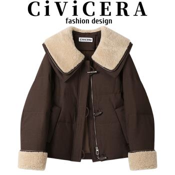 CIVICERA超好看加絨娃娃領減齡羽絨服女秋冬復古百搭白鴨絨短外套