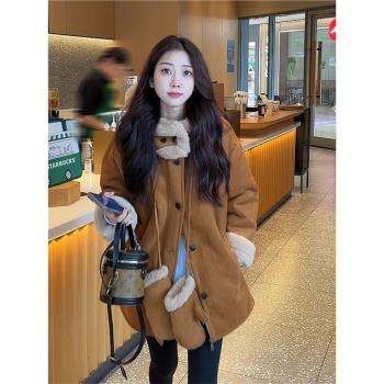 復古皮毛一體羊羔毛外套女2024冬季新款寬松加厚保暖中長麂皮大衣