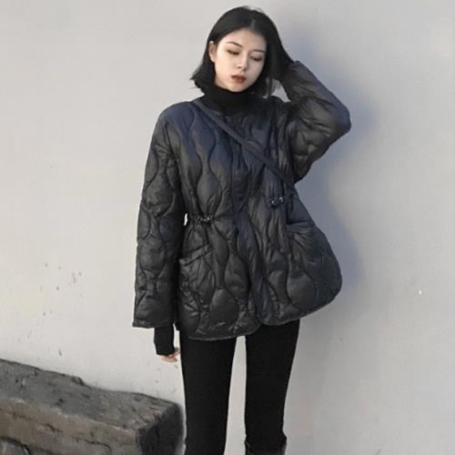 韓系黑色收腰棉服女秋冬輕薄短款菱格棉衣法式設計感小眾薄棉外套