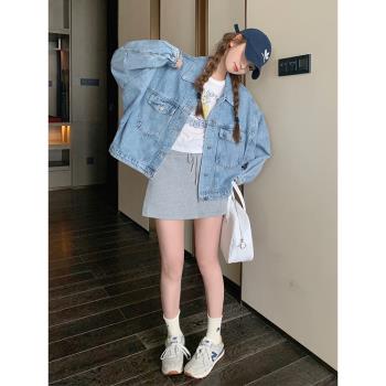 藍色學院風牛仔外套女2024秋季新款韓版時尚減齡寬松休閑polo上衣
