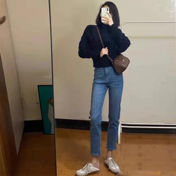 復古藍煙管直筒牛仔褲女2025年春秋新款小個子女士八分九分褲子