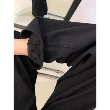 黑色加絨加厚直筒牛仔褲女冬季大碼高腰遮胯梨形身材寬松闊腿褲子