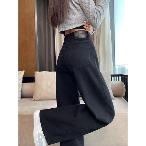 黑色加絨闊腿牛仔褲女秋冬新款高腰垂感寬松顯瘦窄版直筒拖地褲子
