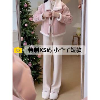 150cm小個子窄版雪尼爾闊腿褲女秋冬季加絨高腰直筒褲145顯高褲子