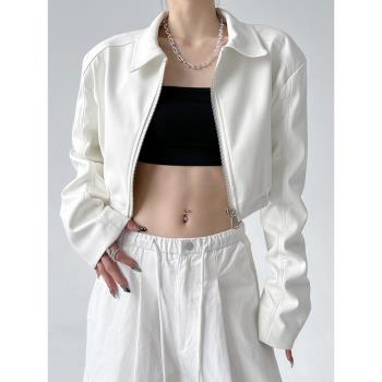 白色爆款短款pu皮衣外套女夾克2024冬裝新款港風設計感美式復古