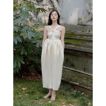 Note of love奶杏色V型吊帶花苞長裙新娘婚禮氣質晨袍宴會晚禮服