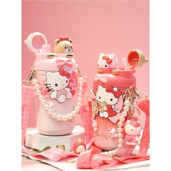 (免運)2024新款hellokitty保溫杯女生高顏值雙飲吸管水杯小學生上學杯子