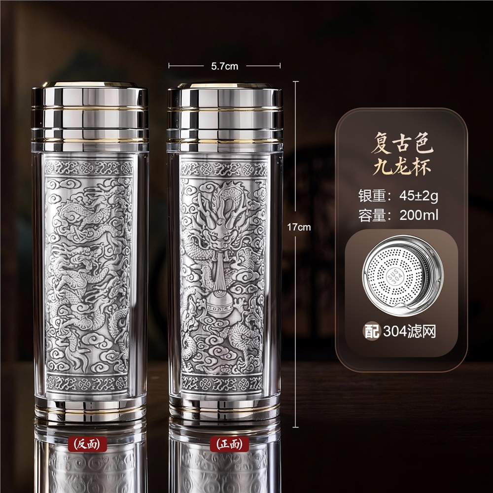 免運)銀杯子999純銀云南雪花銀水杯純銀內膽保溫杯足銀茶杯熟銀旗艦店