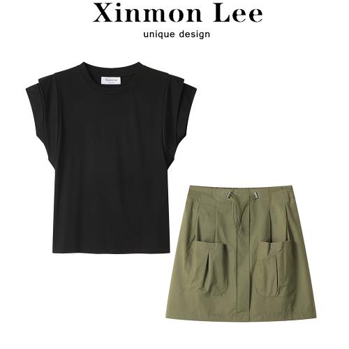 XinmonLee鹽系輕熟休閑時尚短袖T恤工裝半身裙兩件套裝女夏季減齡