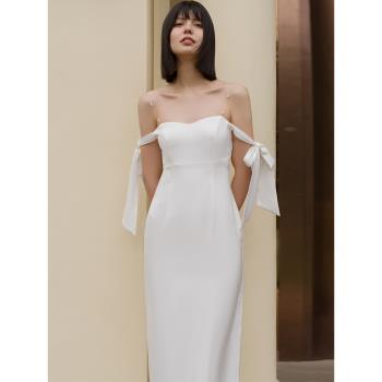 Note of love法式珍珠吊帶連衣裙領證登記小白裙緞面禮服輕婚紗女